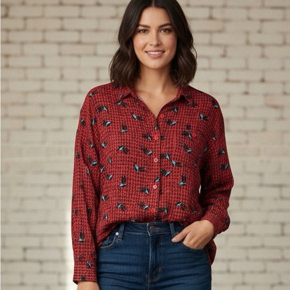 VINTAGE Houndstooth Cowboy Boot Button Up Shirt - Picture 1 of 7